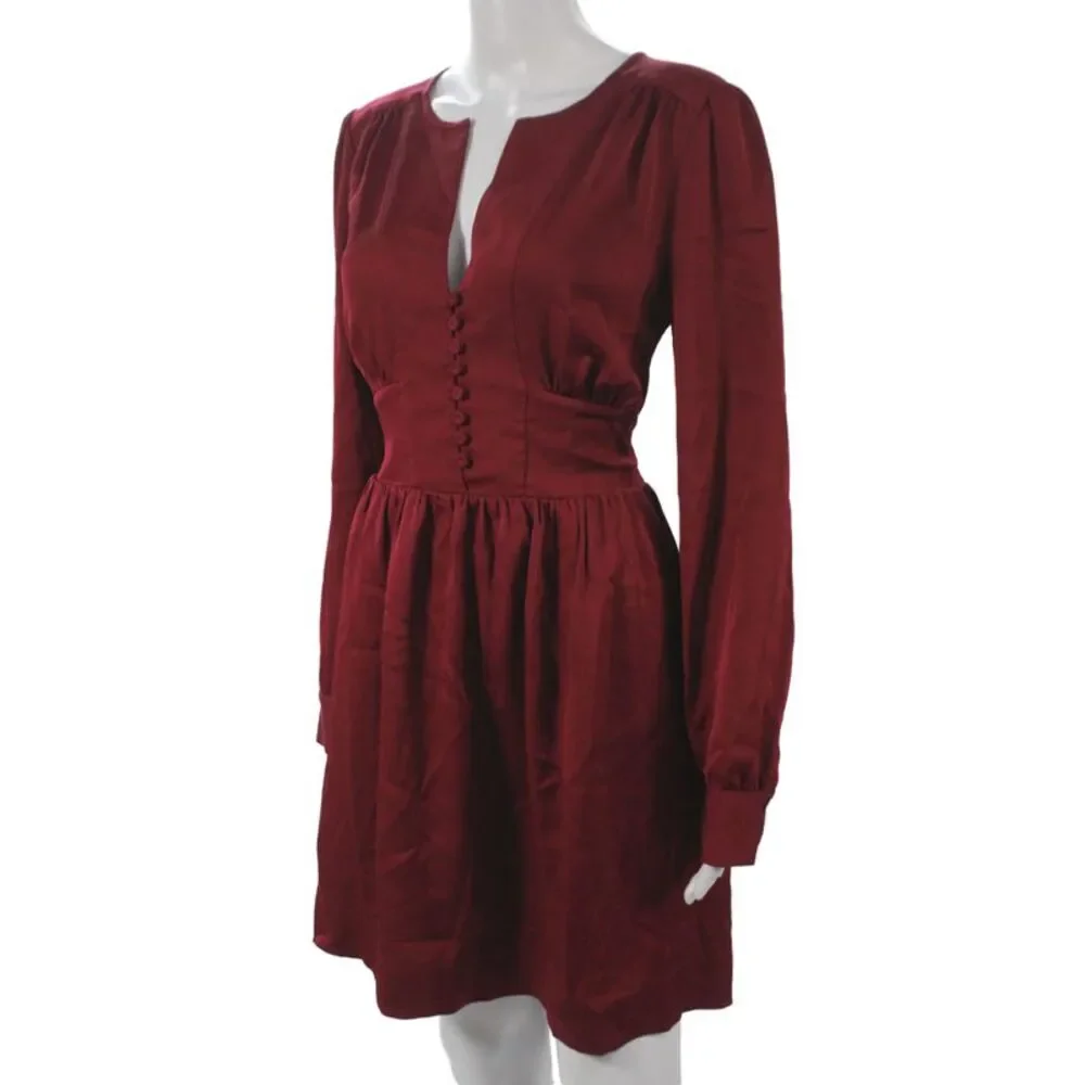 BCBGMAXAZRIA Womens Fit & Flare Red VNeck Long Sleeve Midi Dress Size S